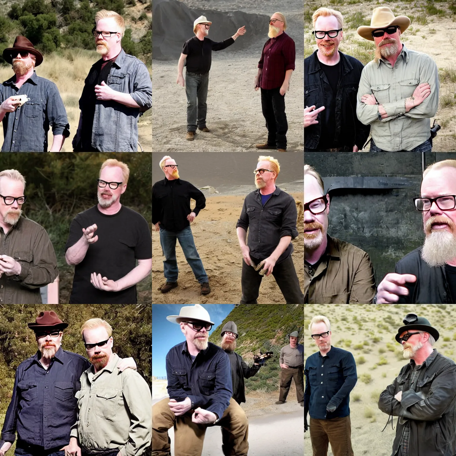 Prompt: Adam Savage and Jamie Hyneman from Mythbusters, watching a nuclear fireball