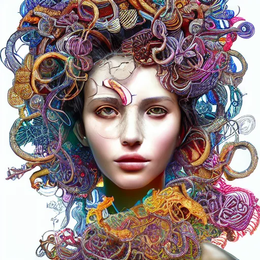 Image similar to the portrait of a ridiculously beautiful and elegant woman partially made of onion rings of all colors, an ultrafine detailed illustration by james jean, final fantasy, intricate linework, bright colors, behance contest winner, vanitas, angular, altermodern, unreal engine 5 highly rendered, global illumination, radiant light, detailed and intricate environment