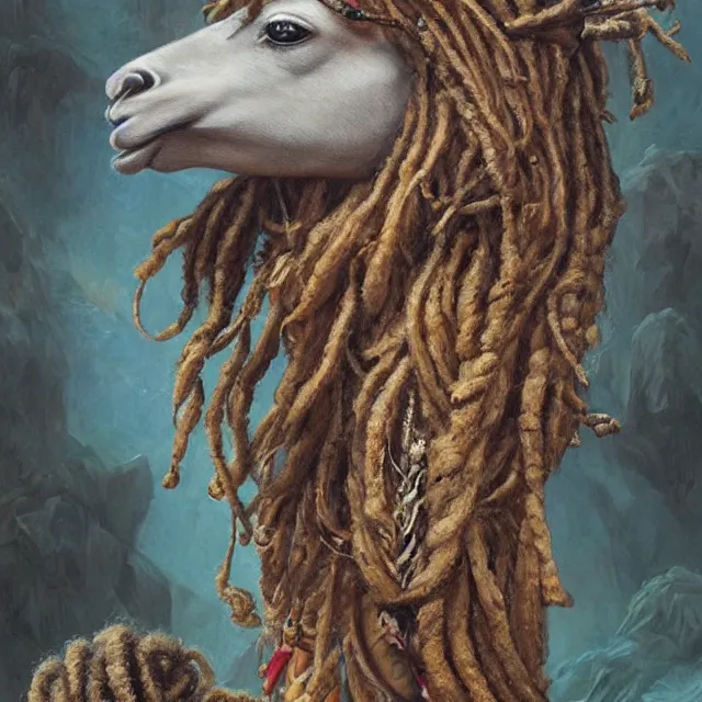 Image similar to llama with dreadlocks, ancient, by mandy jurgens, ernst haeckel, james jean