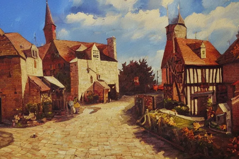 Image similar to middle ages town, oil painting, oil in canvas, brushstrokes