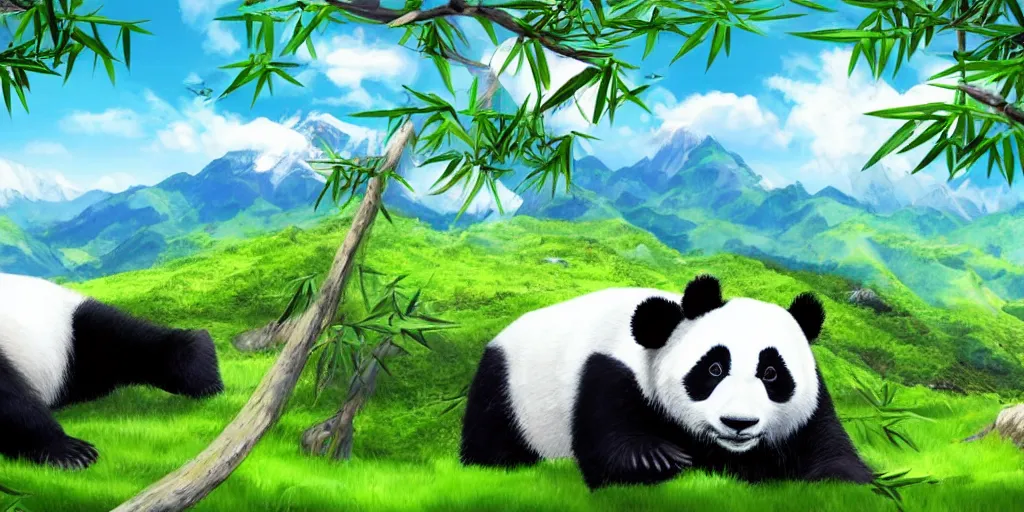 Image similar to a sweet panda in the foreground, a green lifeful landscape with mountains seas and big trees, hyperrealistic, highly detailed, 4k, blue sky with clouds and the sun