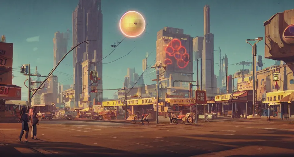 Prompt: A 1950s city scene with a GIANT LASER EYEBALL looming in the distance, rendered by simon stålenhag, rendered by Beeple, Makoto Shinkai, syd meade, environment concept, digital art, unreal engine, 3 point perspective, WLOP, trending on artstation, low level, 4K UHD image, octane render,