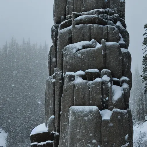 Image similar to a monolithic pillar temple in a taiga. snowing, overcast sky, grainy.