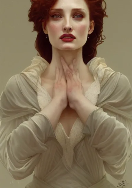 Image similar to sansa angeline jolie gessica chastain vampire teeth, intricate, elegant, highly detailed, digital painting, artstation, concept art, smooth, sharp focus, illustration, art by artgerm and greg rutkowski and alphonse mucha and william - adolphe bouguereau