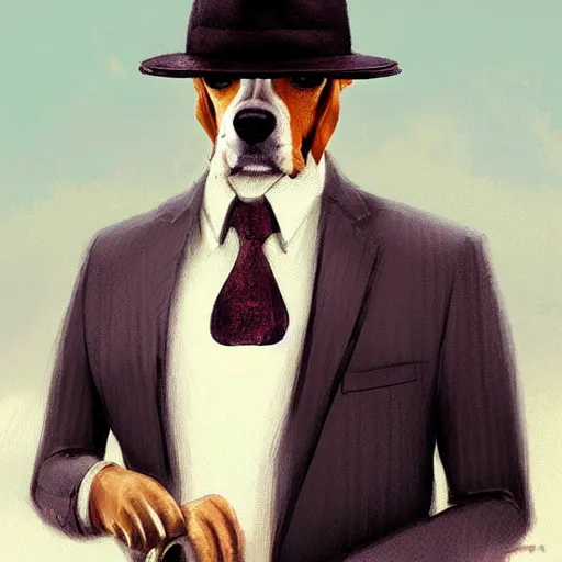 Image similar to a beagle wearing a business suit and fedora, greg rutkowski