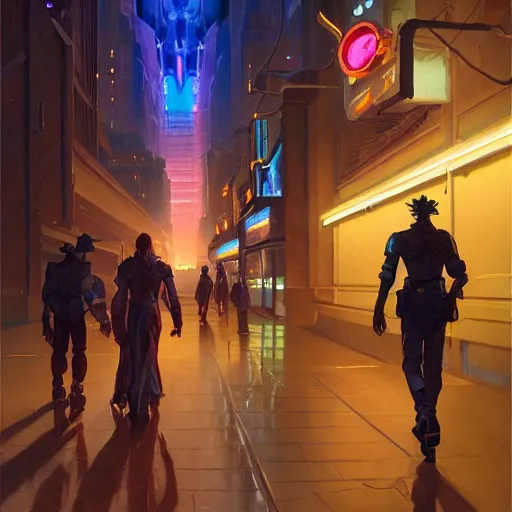 Prompt: sargent and leyendecker and greg hildebrandt, walking down the streets of a futuristic desert city, with neon lights, stephen bliss, unreal engine, fantasy art by greg rutkowski, loish, rhads, ferdinand knab, makoto shinkai, ilya kuvshinov, rossdraws, global illumination, radiant light, detailed and intricate environment