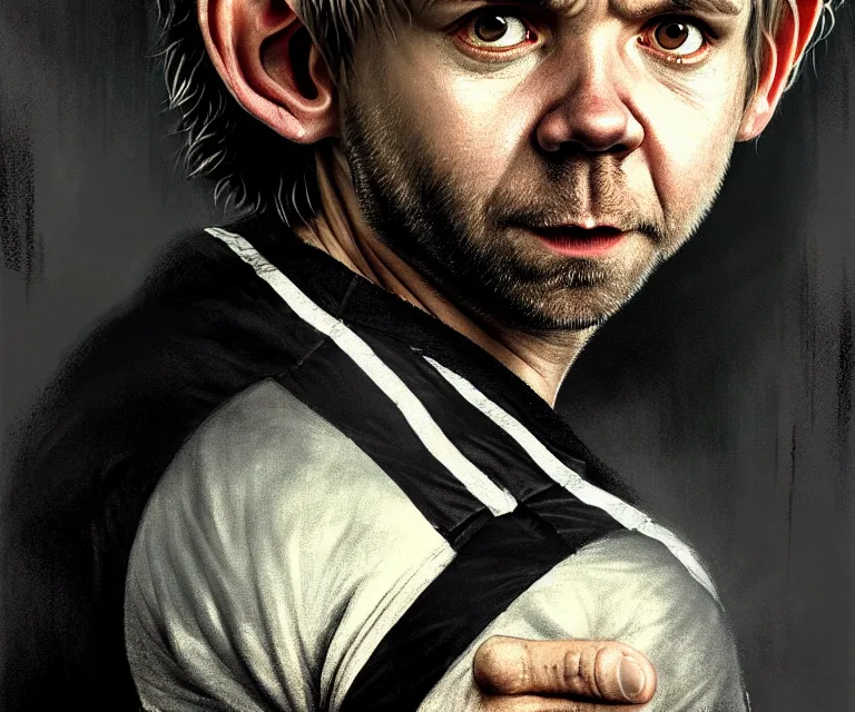 Prompt: a detailed fifty mm portrait of dominic monaghan as a hobbit in a black adidas track suit with white stripes, headshot, highly detailed, digital painting, artstation, concept art, sharp focus, cinematic lighting, illustration, art by met mangindaan, artgerm and greg rutkowski, alphonse mucha, cgsociety