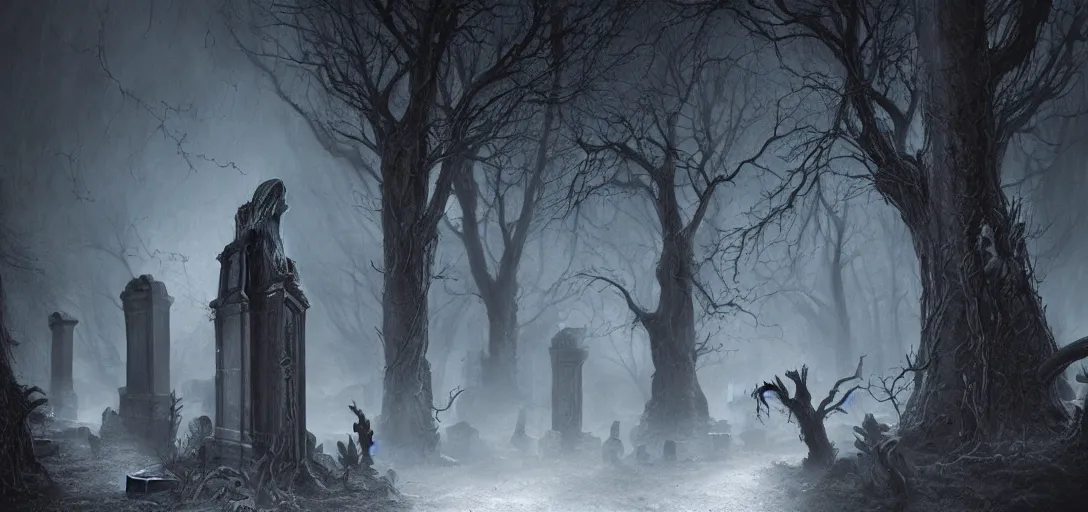 Prompt: A dark and haunted graveyard with Big Evil ghost in the style of Keith Thompson, christopher bretz and kael ngu and Zdzislaw Beksinski, Artstation HD, 8k, Surrealistic digital artwork, highly detailed, digital painting, HDRI, vivid colors, high contrast, 8k resolution, intricate, photorealistic, smooth