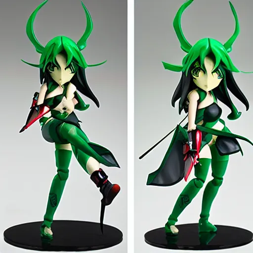 Prompt: league of legends akali as a Figma doll. Posable anime figurine. Kamas-wielding, green facemask, green outfit. Ninja sickle. PVC figure 12in.