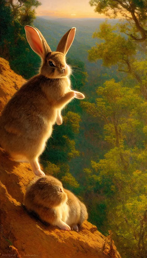 Image similar to hyper realistic rabbit looking off of a cliff, sun setting behind rabbit, lush forest in valley below, painted by gaston bussiere, craig mullins, j. c. leyendecker 8 k