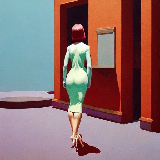 Image similar to A woman wearing tight night dress day dreaming, very coherent, painted by Edward Hopper, Wayne Barlowe, painted by James Gilleard, airbrush, art by JamesJean