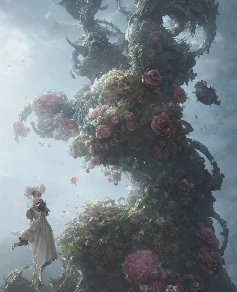 Image similar to a fancy portrait of a giant floating flower by Greg Rutkowski, Sung Choi, Mitchell Mohrhauser, Maciej Kuciara, Johnson Ting, Maxim Verehin, Peter Konig, Bloodborne , 8k photorealistic, cinematic lighting, HD, high details, atmospheric , trending on artstation