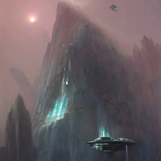 Prompt: view from a plain of a black arcology driven like a spear into the glacier, rust-colored waterfalls pouring from its upper balconies, blue radiation glow beneath, science fiction concept art by Greg Rutkowski and Moebius and Beksinski and Le Corbusier