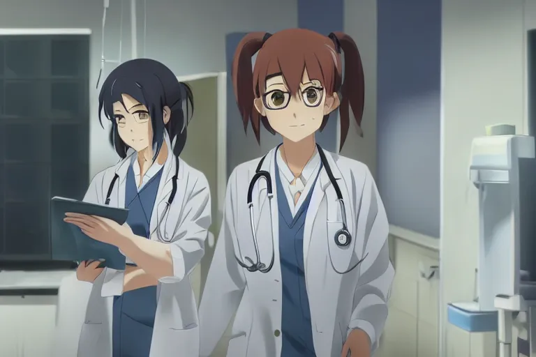 Image similar to a cute young female doctor wearing white coat are doing an operation in a hospital, slice of life anime, cinematic, lighting, 8kHDR, anime scenery by Makoto shinkai