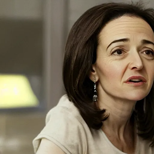 Prompt: Movie still of Sheryl Sandberg in a prison cell in The Doomsday Machine, directed by Stevn Spielberg