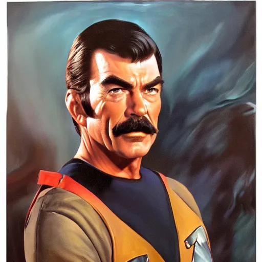 Prompt: ultra realistic portrait painting of tom selleck as spock, art by frank frazetta, 4 k, ultra realistic, highly detailed, epic lighting