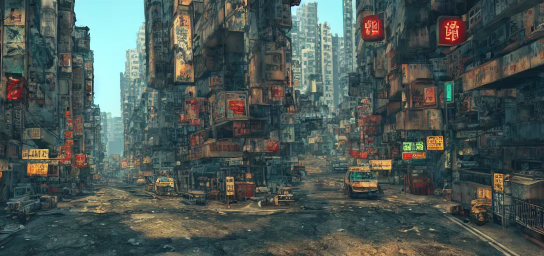 Prompt: Fallout Hong Kong Streets, vibrant colors, 8k photorealistic, cinematic lighting, HD, high details, dramatic, trending on artstation