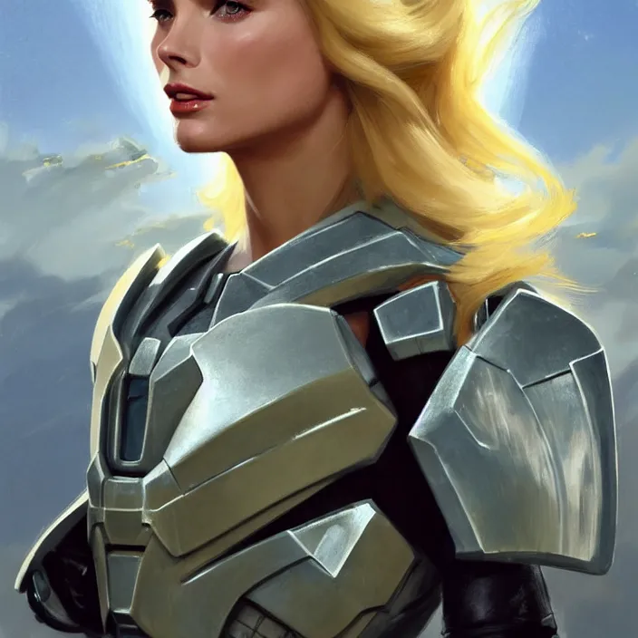 Image similar to A combination of Adriana Dxim's and Grace Kelly's and Ashley Greene's appearances with blonde hair wearing Forerunner armor from Halo, countryside, calm, fantasy character portrait, dynamic pose, above view, sunny day, thunder clouds in the sky, artwork by Jeremy Lipkin and Giuseppe Dangelico Pino and Michael Garmash and Rob Rey and Greg Manchess and Huang Guangjian, very coherent asymmetrical artwork, sharp edges, perfect face, simple form, 100mm