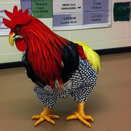 Prompt: an elderly male rooster dressed up for bingo night