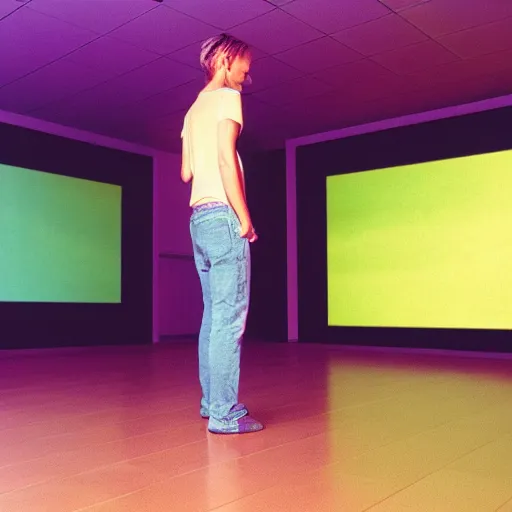 Image similar to kodak portra 4 0 0 photograph of a skinny blonde guy standing in a room with floor to ceiling hypno tv screens, back view, moody lighting, telephoto, 9 0 s vibe, blurry background, vaporwave colors!, faded!,