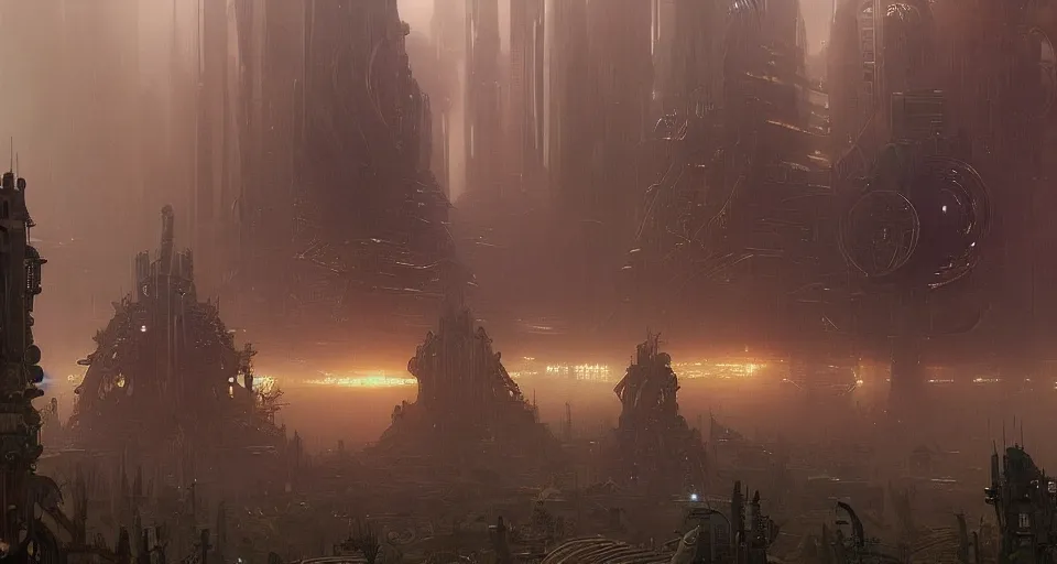 Image similar to Retro futuristic Sci-Fi space forest scene, Giant Aztec space city, volumetric light, fog, dusk lighting, intricate details ,by denis villeneuve, Ridley Scott, Greg Rutkowski and Alphonse Mucha