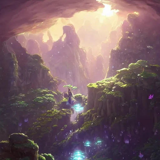 Prompt: a landscape from made in abyss by akihito tsukushi, backlight, rim lighting, deep focus, d & d, fantasy, intricate, elegant, highly detailed, digital painting, artstation, concept art, matte, sharp focus, illustration, hearthstone, art by artgerm and greg rutkowski and alphonse mucha