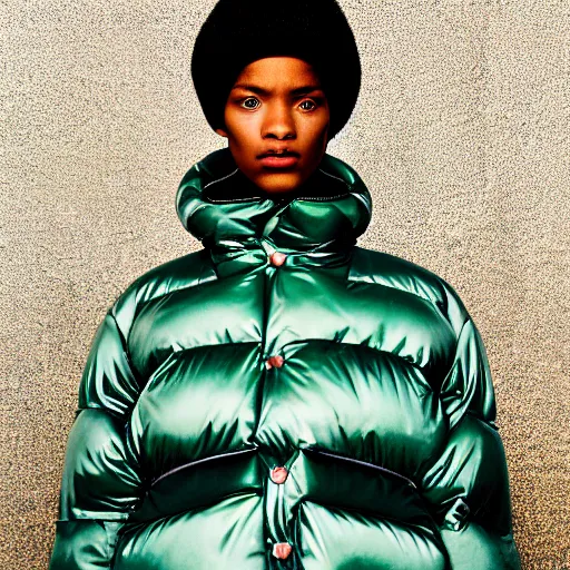 Prompt: realistic! photoshoot for a new balenciaga lookbook, color film photography, portrait of a beautiful woman wearing a puffer jacket, photo in style of tyler mitchell, fisheye lens