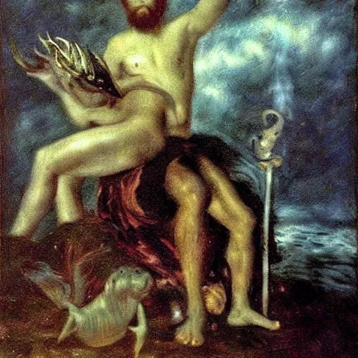 Image similar to by bill henson, by pierre - auguste renoir dark exciting. a mixed mediart of a mythological scene. large, bearded man seated on a throne, surrounded by sea creatures. he has a trident in one hand & a shield in the other. behind him is a large fish. in front of him are two smaller creatures.