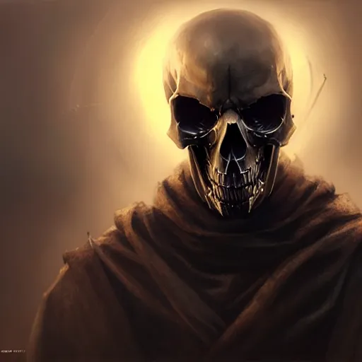 Image similar to skull face reaper, character portrait, sharp, digital matte painting, art by luis royo, greg rutkowski, wlop, dramatic lighting, trending on artstation