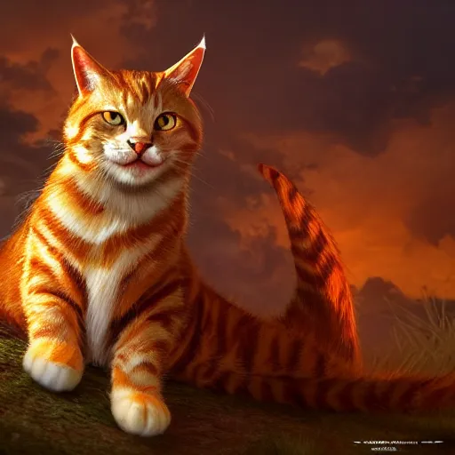 Image similar to colossal orange viking royal king tabby cat, golden hour, fantasy, vivid colors, sharp focus, digital art, hyper - realistic, 4 k, unreal engine, highly detailed, hd, dramatic lighting by brom, trending on artstation