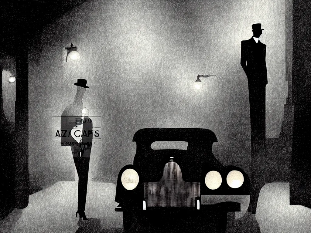 Prompt: a single man getting out of a car in front of a foggy jazz nightclub on a desert street, alone, dimly lit upscale 1920s speakeasy, relaxed pose, art deco, detailed painterly digital art style by Coles Phillips, retro vibe, furaffinity, 🍸, 8k octane beautifully detailed render, post-processing, extremely hyperdetailed, intricate, epic composition, grim yet sparkling atmosphere, cinematic lighting + masterpiece, trending on artstation, very detailed, vibrant colors, Art Nouveau, masterpiece, romanticism