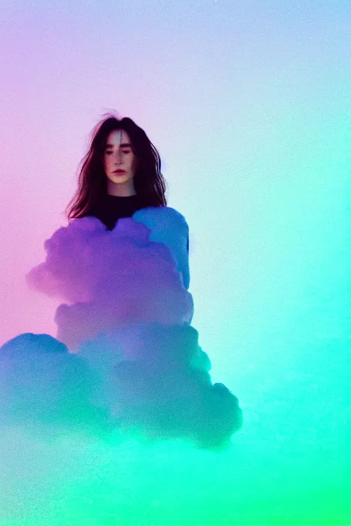 Image similar to high quality pastel coloured film close up wide angle photograph of a model wearing clothing resting on cloud furniture in a icelandic black rock environment in a partially haze filled dreamstate world. three point light, rainbow. photographic production. art directed. pastel colours. volumetric clouds. pastel gradient overlay. waves glitch artefacts. extreme facial clarity. 8 k. filmic.