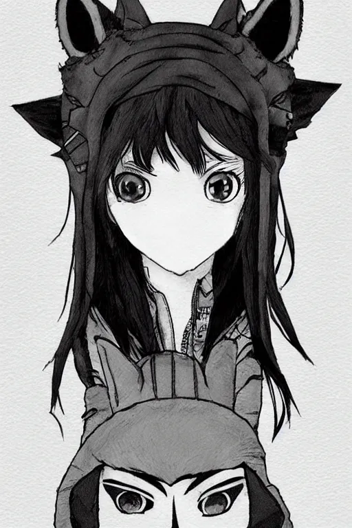 Image similar to portrait of a punk girl in a leather jacket wearing a wolf's head over her face, anime sketch, cool girl with wolf on her head, studio ghibli, miyazaki
