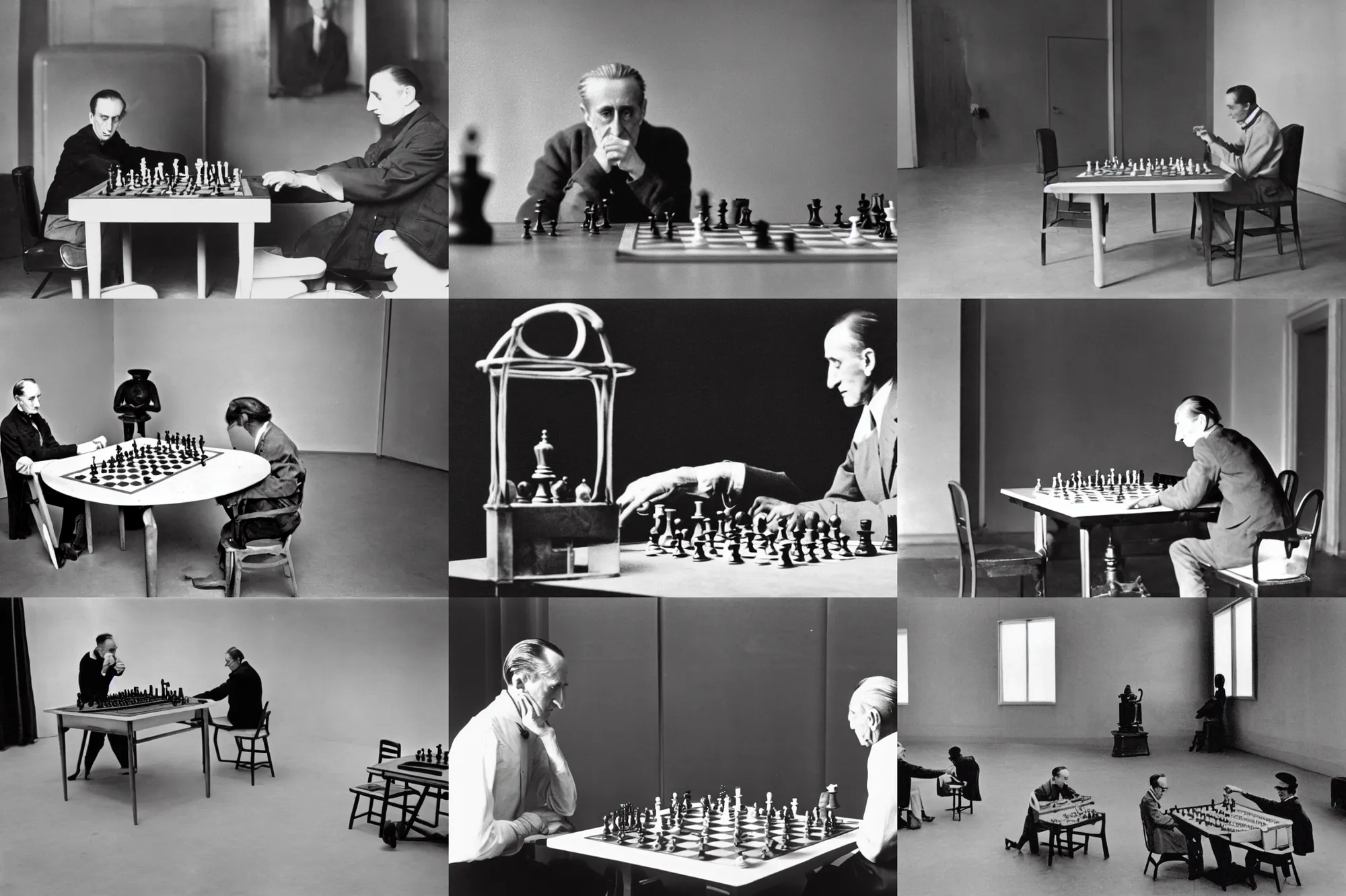 Prompt: a vintage photograph of Marcel Duchamp playing chess against a machine in a vast white empty room