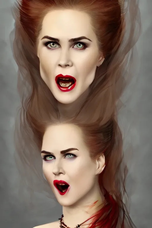 Image similar to mix of beautiful young maria shriver, mariel hemmingway, brooke shields, nicole kidman and elle macpherson as a vampire with mouth open with sharp teeth, thin lips, hair tied up in a pony tail, dark blonde hair, colorful, artstation, cgsociety