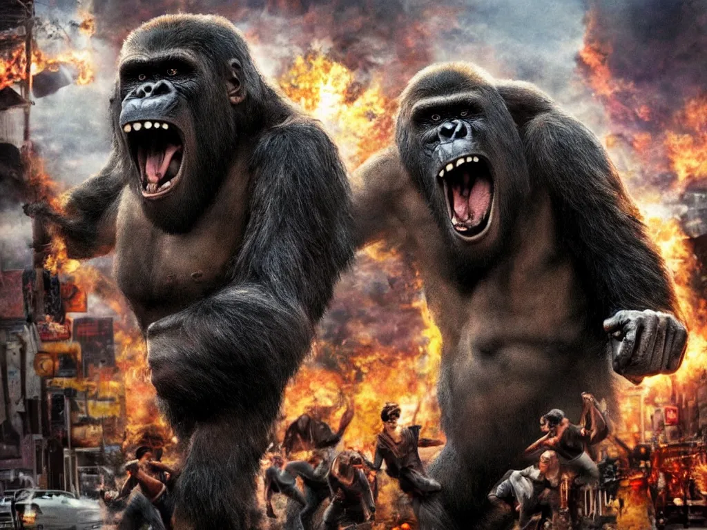 Image similar to An king Kong rage on street, Hollywood scene , cinematic , 2012, end of the world movie , full color