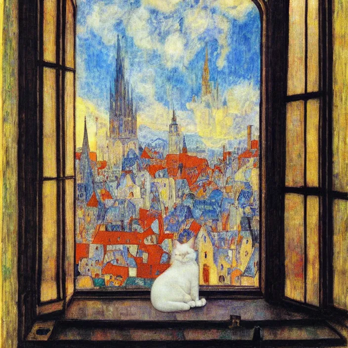 Image similar to dreamy fuzzy white cat sitting in a window, city with gothic cathedral. sun setting through the clouds, vivid colors. jan van eyck, agnes pelton, egon schiele, henri de toulouse - lautrec, utamaro, monet