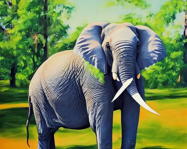 Prompt: an elephant painting a picture with its trunk holding a paintbrush while standing outside in a park on a sunny day, octane, shot on an iphone,