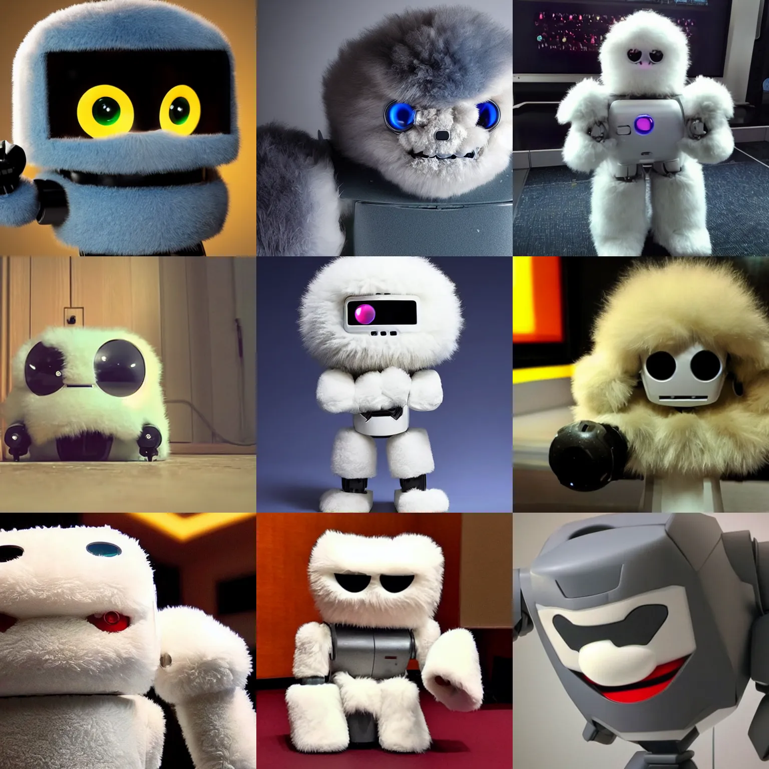 Prompt: <picture quality=hd+ mode='attention grabbing'>an adorable fluffy robot reveals it is a supervillain and laughs maniacally</picture>