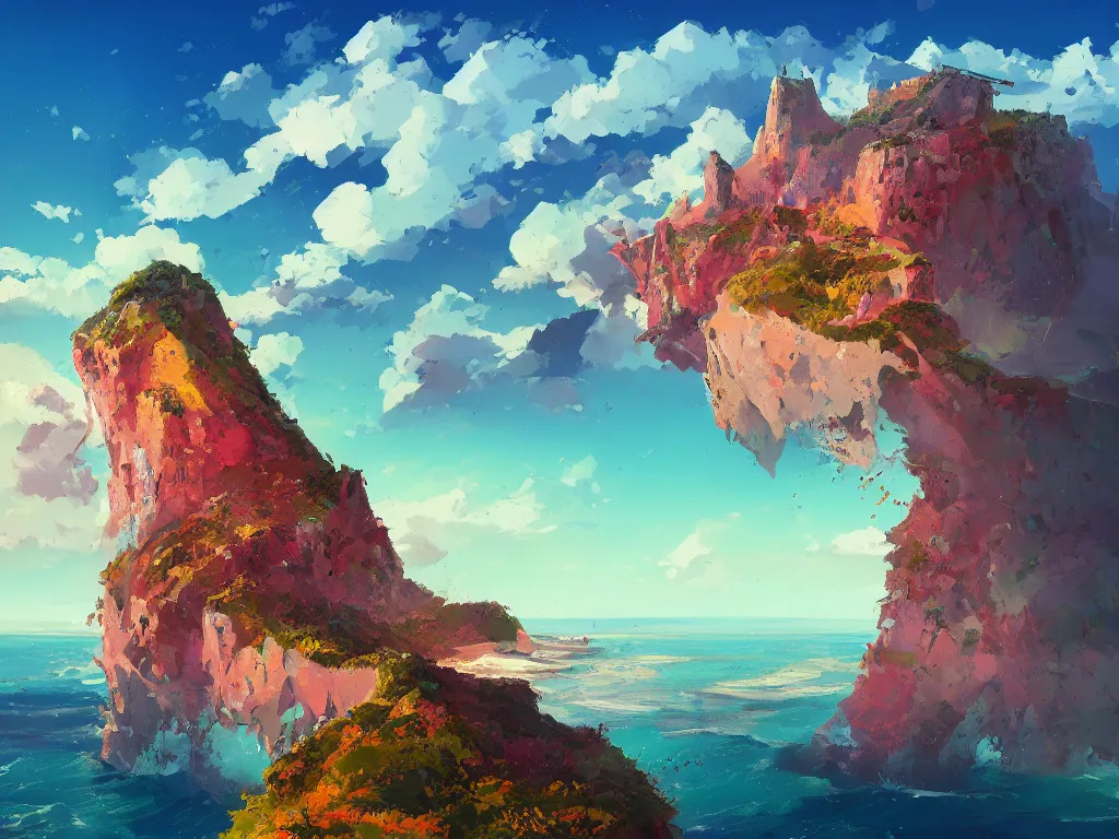 Prompt: The Cliffs of Dover with ruins on top and foliage on the right side, beach in the middle and blue skies, ocean and cumulonimbus clouds on the left, acrylic painting, highly detailed, saturated colors, by anton fadeev and greg rutkowski trending on artstation