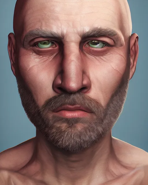 Image similar to portrait of a 4 0 - year - old bald man without nose, hyper realistic face, beautiful eyes, character art, art by mark brooks, hyperdetailed, cryengine, trending on artstation, digital art