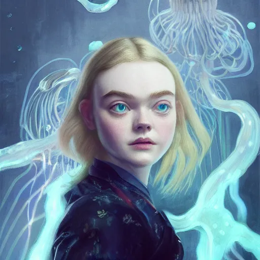 Prompt: portrait of a elle fanning surrounded by bioluminescent jellyfish in dishonored, detailed realism face in painting, detailed beautiful portrait, oil painting masterpiece, 8 k resolution, smooth, sharp focus, trending on artstation, by rembrandt