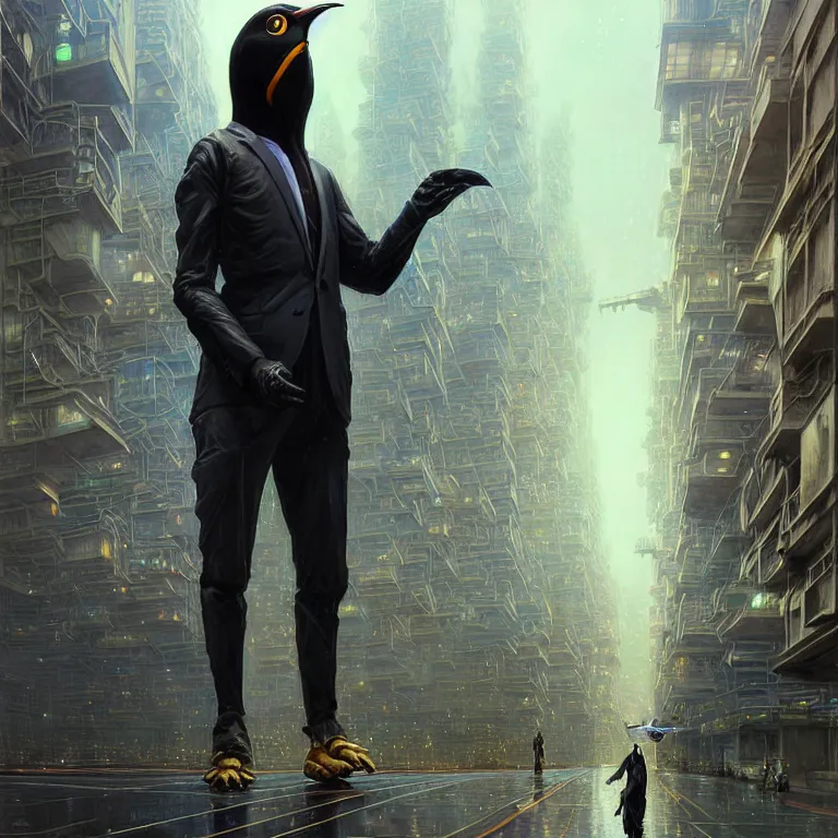 Image similar to A solarpunk very highly detailed Anthropomorphic cybertronic penguin wearing sport suit with very highly detailed face on the street of a very highly detailed solarpunk city digital impressionism art by Greg Rutkowski and Josan Gonzalez, highly detailed, digital concept art, Volumetric natural light, sharp focus, Golden Ratio illustration, realistic concept art by Stephen Hickman and James Gurney and Hiromasa Ogura Ghost in the Shell rendered in VRAY, From the distance