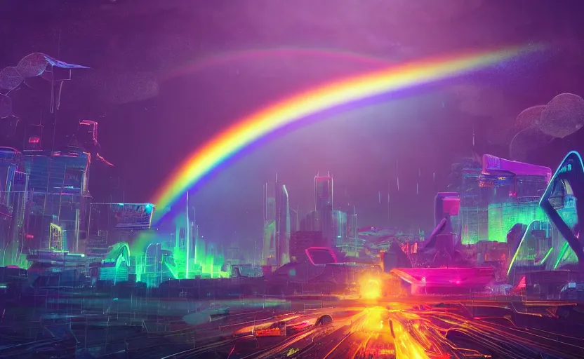 Prompt: A landscape with a giant rainbow bridge, magical, cyberpunk, glowing runes, technology, Low level, rendered by Beeple, Makoto Shinkai, syd meade, simon stålenhag, environment concept, synthwave style, digital art, unreal engine, WLOP, trending on artstation, 4K UHD image, octane render,