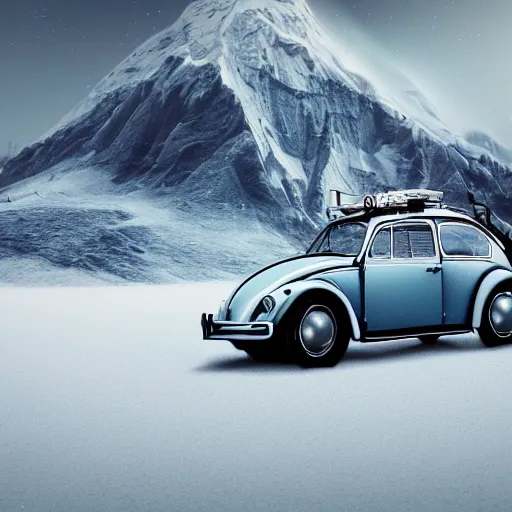 Image similar to extreme long shot of a 1970 vw beetle standing on mount everest, award winning photo, snow, high detail, desolate, atmospheric, 8k, Asher Durand, intricate artwork by Tooth Wu and wlop and beeple and dan mumford and greg rutkowski and nekroxiii. halo. octane render, cinematic, hyper realism, octane render, 8k, depth of field, bokeh