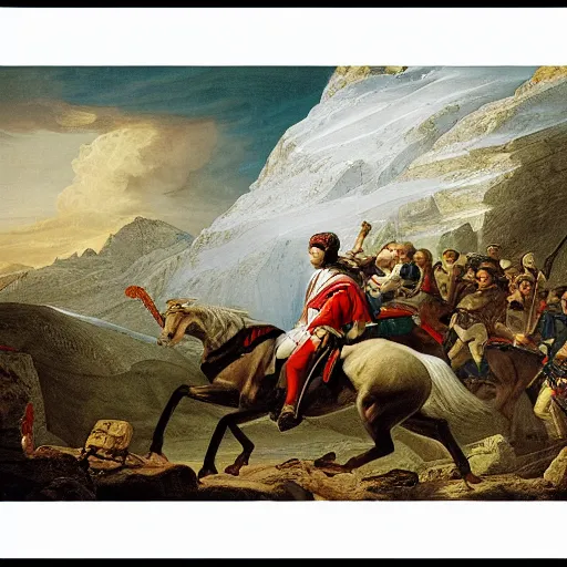 Prompt: benjamin netanyahu crossing the alps, highly detailed, by jacques louis david