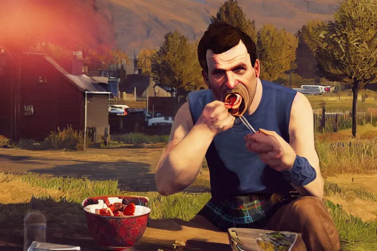 Image similar to a scottish scotland guy eating edible in scotland gta 5 loading screen art, trending on artstation