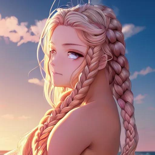 Prompt: a very beautiful anime waifu, full body, long braided curly blonde hair, twisted braids, golden watery eyes, full round face, short smile, pale pink bikini, serene beach setting, cinematic lightning, medium shot, mid-shot, highly detailed, trending on artstation, Unreal Engine 4k, cinematic wallpaper by Stanley Artgerm Lau, WLOP, Rossdraws, James Jean, Andrei Riabovitchev, Marc Simonetti, and Sakimichan