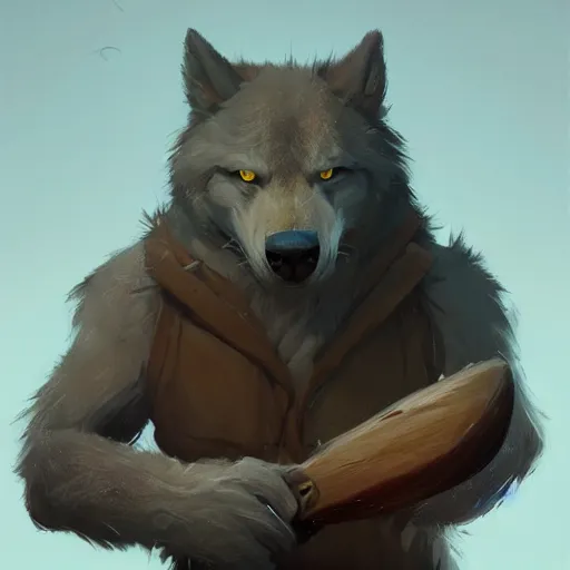 Prompt: a 3/4 portrait of a cute handsome cuddly soft werewolf using a wooden club character concept art masterpiece digital art by Greg Rutkowski, Simon Stalenhag, trending on Artstation, CGSociety