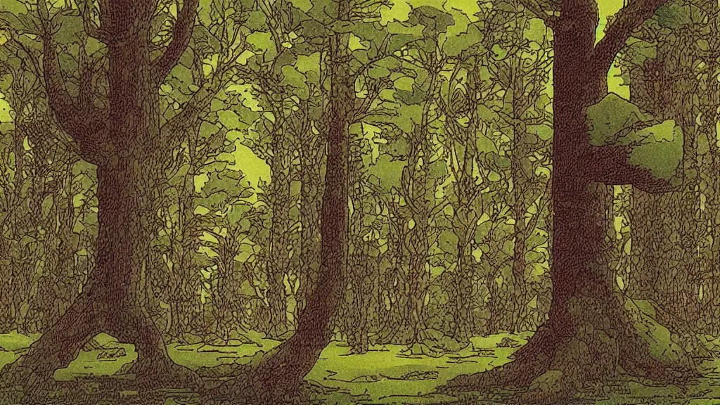 Prompt: forest tree flat 2 d art moebius pixelated